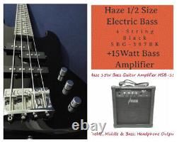 1/2 Haze 4-String Electric Bass Guitar, Black +15W Amp. +Free Gig Bag SBG-387BK