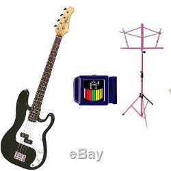 Bass Pack-Black Kay Electric Bass Guitar Medium Scale with SN1 Tuner & Pink Stand