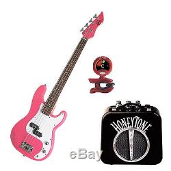 Bass Pack Pink Kay Electric Bass Guitar Medium Scale withMini Amp & Tuner