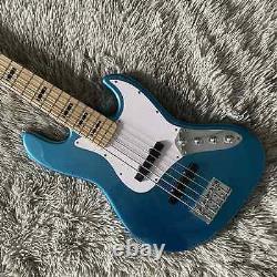 Blue Jazz Bass Guitar 5 String SS Pickups Fixed Bridge Black Inlay Open Tuner