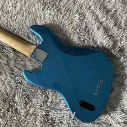Blue Jazz Bass Guitar 5 String SS Pickups Fixed Bridge Black Inlay Open Tuner