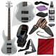 Daisy Rock Candy Bass Guitar, Pearl White (DR6774-U) with Stand, Tuner, Cleaning