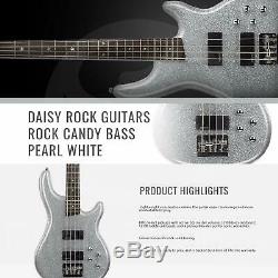Daisy Rock Candy Bass Guitar, Pearl White (DR6774-U) with Stand, Tuner, Cleaning