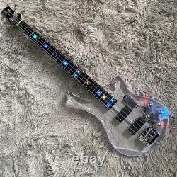 Electric Bass Guitar Acrylic Body 4 Strings Colorful LED HH Pickups Maple Neck