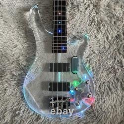 Electric Bass Guitar Acrylic Body 4 Strings Colorful LED HH Pickups Maple Neck