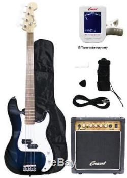 Electric Bass Guitar Starter Kit Transparent Blue Color + Amp tm Digital E-Tuner