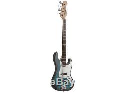 Fever 4-String Blue Electric Jazz Bass with Gig Bag, Tuner, Cable and Strap