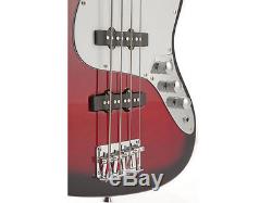 Fever 4-String Red Electric Jazz Bass with Gig Bag, Tuner, Cable and Strap