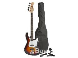Fever 4-String Sunburst Electric Jazz Bass with Gig Bag, Tuner, Cable and Strap