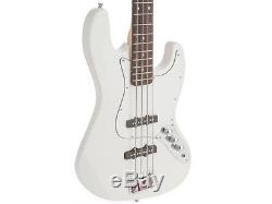 Fever 4-String White Electric Jazz Bass with Gig Bag, Tuner, Cable and Strap