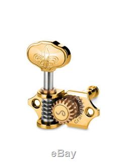 Genuine Schaller Germany Grand Tune Tuners, 3x3 Gold, Fleur de Lis buttons