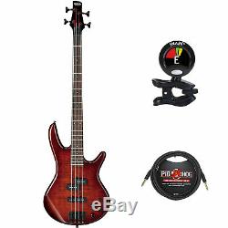 Ibanez GSR200 GIO 4-String Electric Bass Guitar Brown withClip on Tuner & Cable