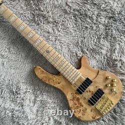 Natural Electric Bass Guitar Burl Top HH Pickups Active Pickup Gold Hardware