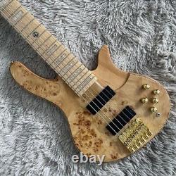 Natural Electric Bass Guitar Burl Top HH Pickups Active Pickup Gold Hardware