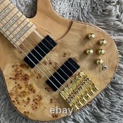 Natural Electric Bass Guitar Burl Top HH Pickups Active Pickup Gold Hardware