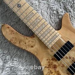 Natural Electric Bass Guitar Burl Top HH Pickups Active Pickup Gold Hardware