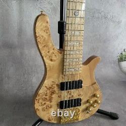 Natural Electric Bass Guitar Burl Top HH Pickups Active Pickup Gold Hardware